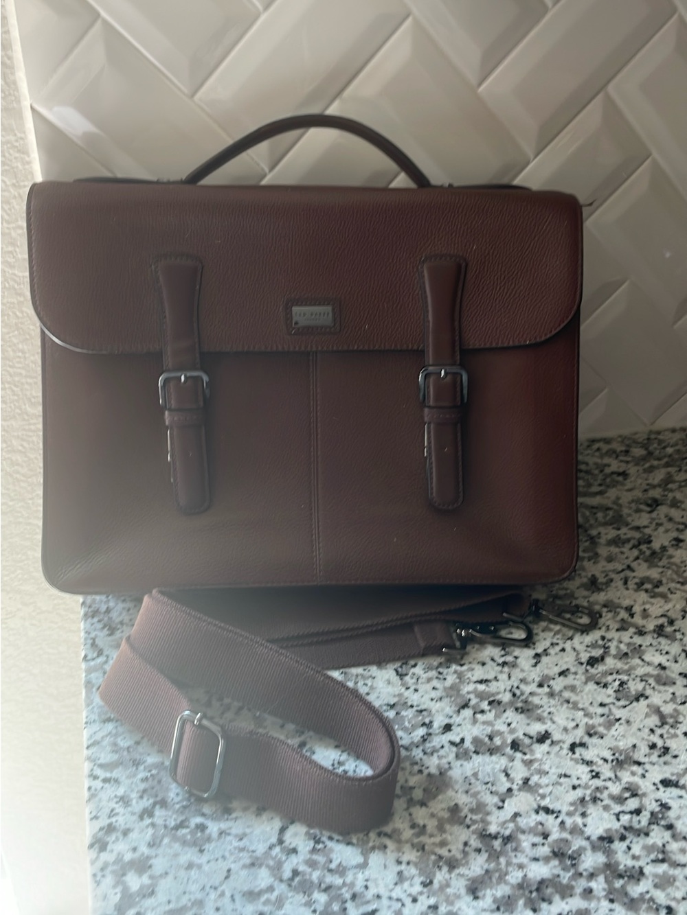Ted Baker Dark Brown Leather Briefcase with Adjustable Strap